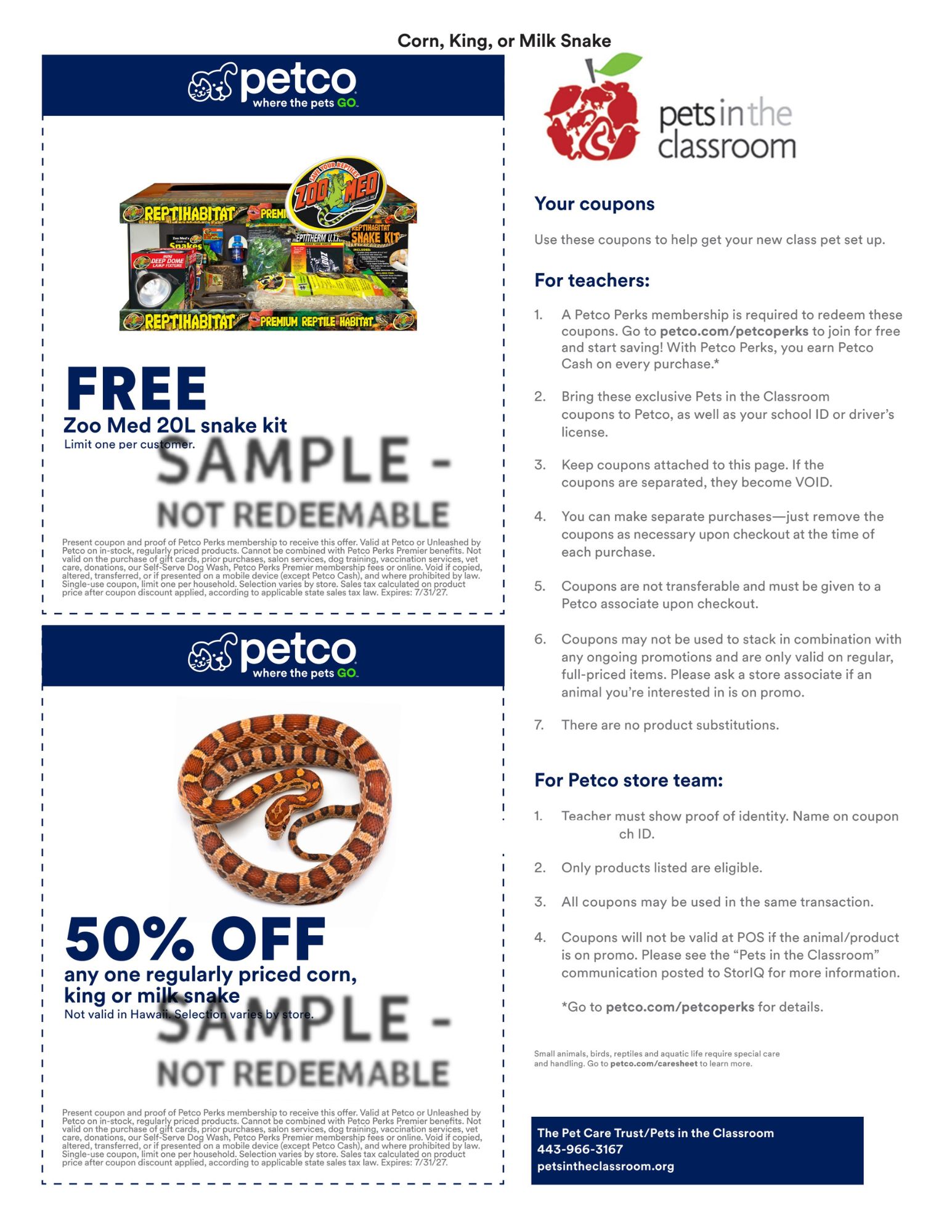 Petco Sample Coupon for Pets in the Classroom - corn king or milk snake
