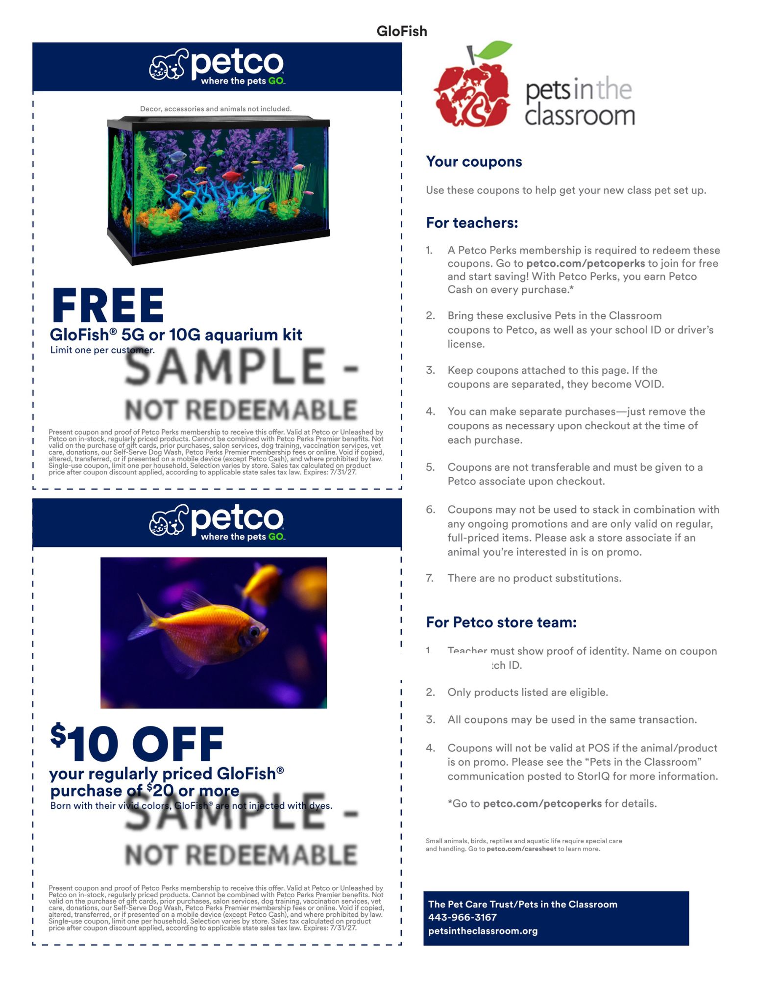 Petco Sample Coupon for Pets in the Classroom - glofish