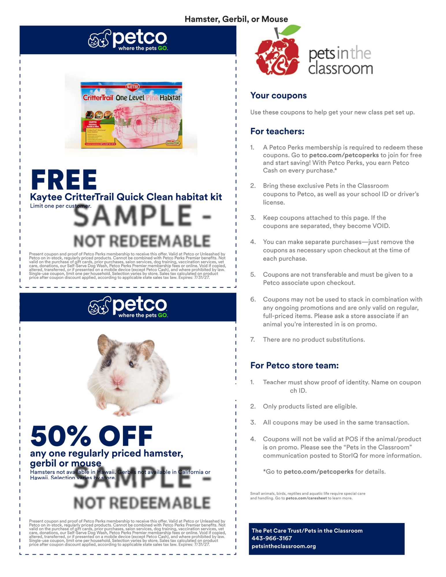 Petco Sample Coupon for Pets in the Classroom - hamster gerbil mouse