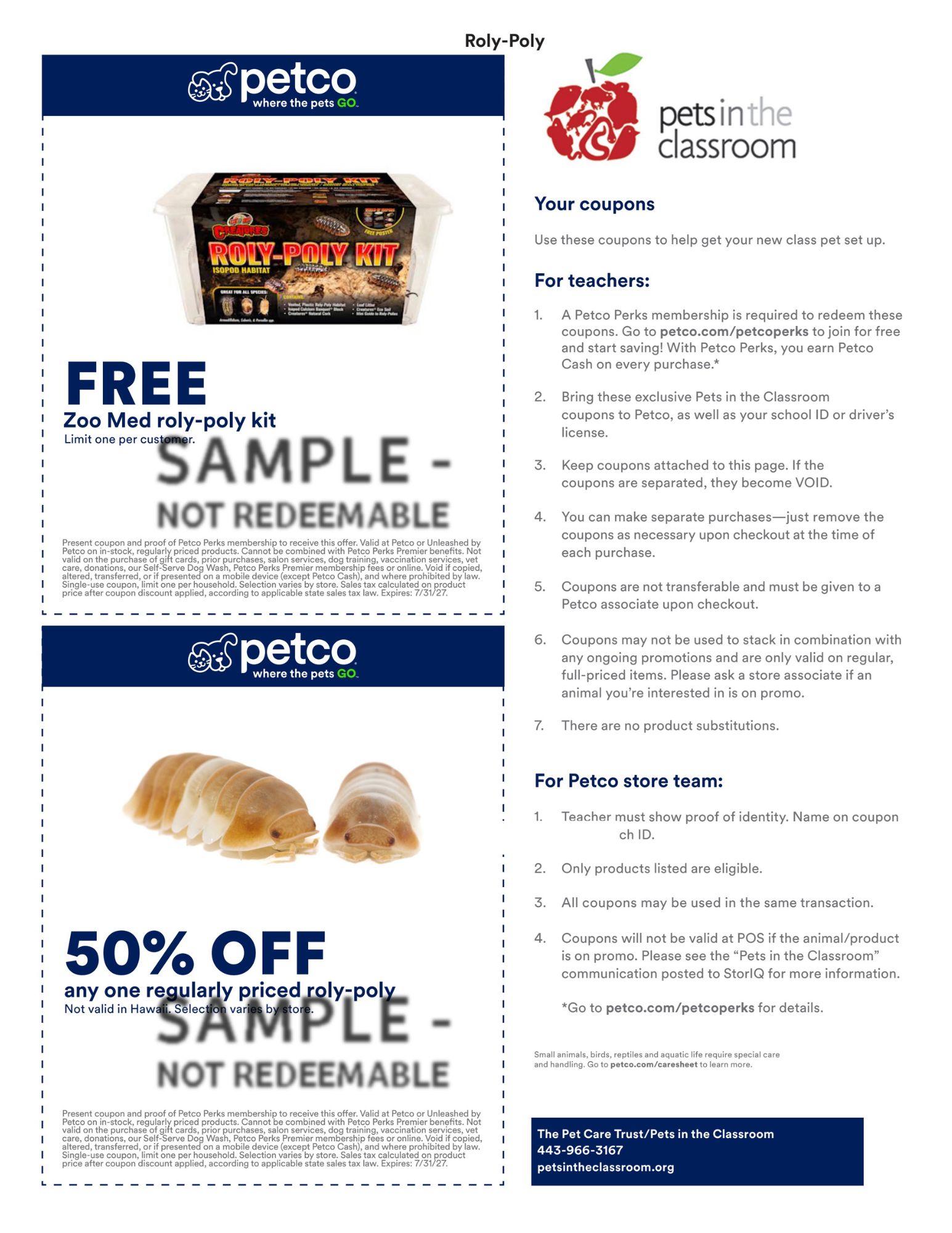 Petco Sample Coupon for Pets in the Classroom - roly poly