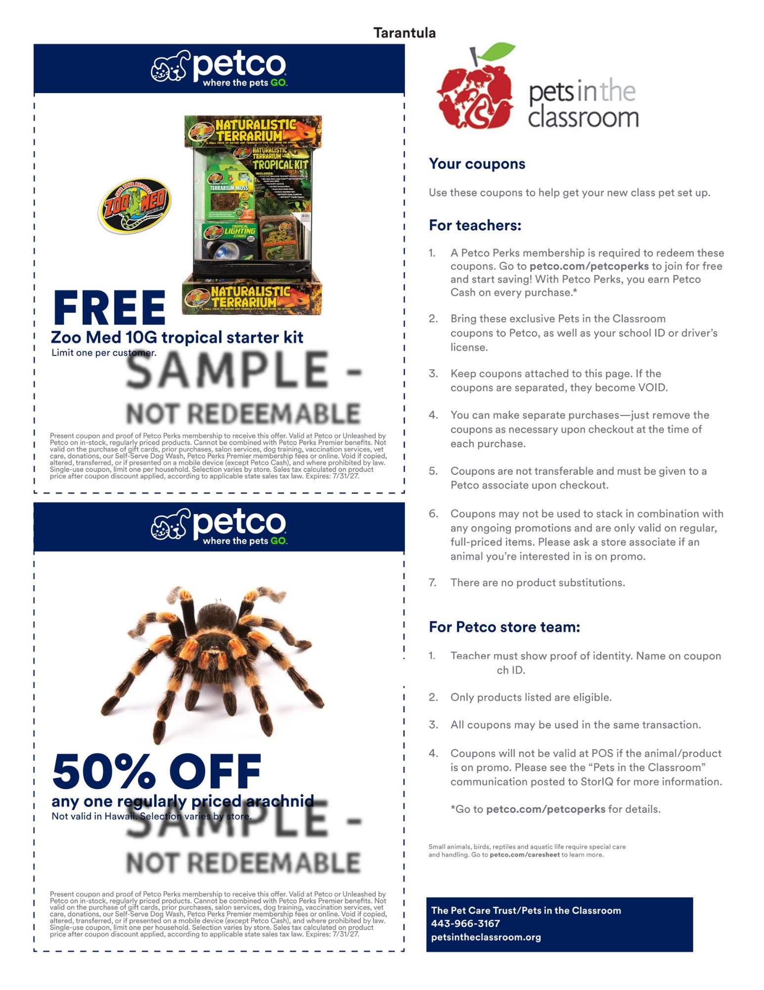 Petco Sample Coupon for Pets in the Classroom - tarantula