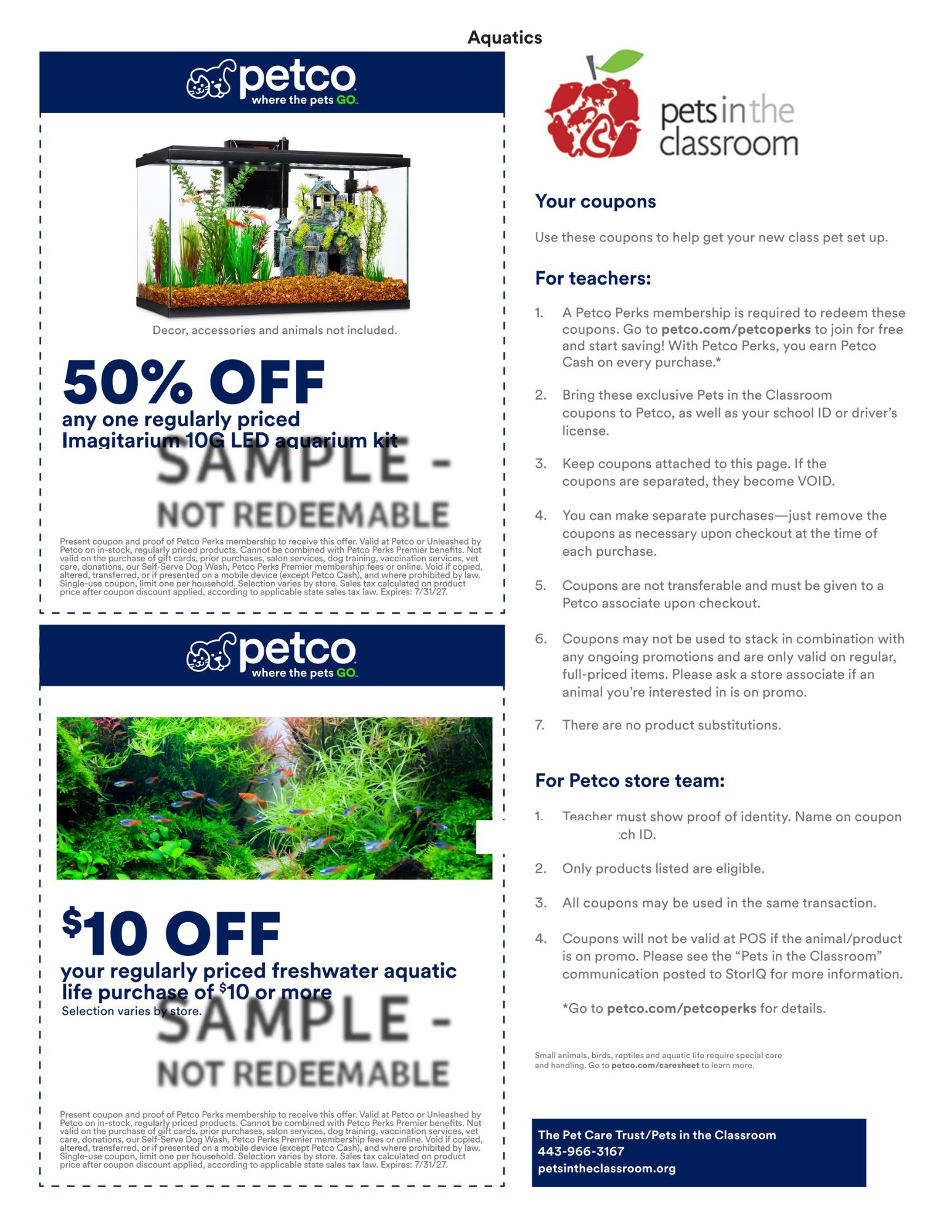 Petco Sample Coupon for Pets in the Classroom - Aquatics