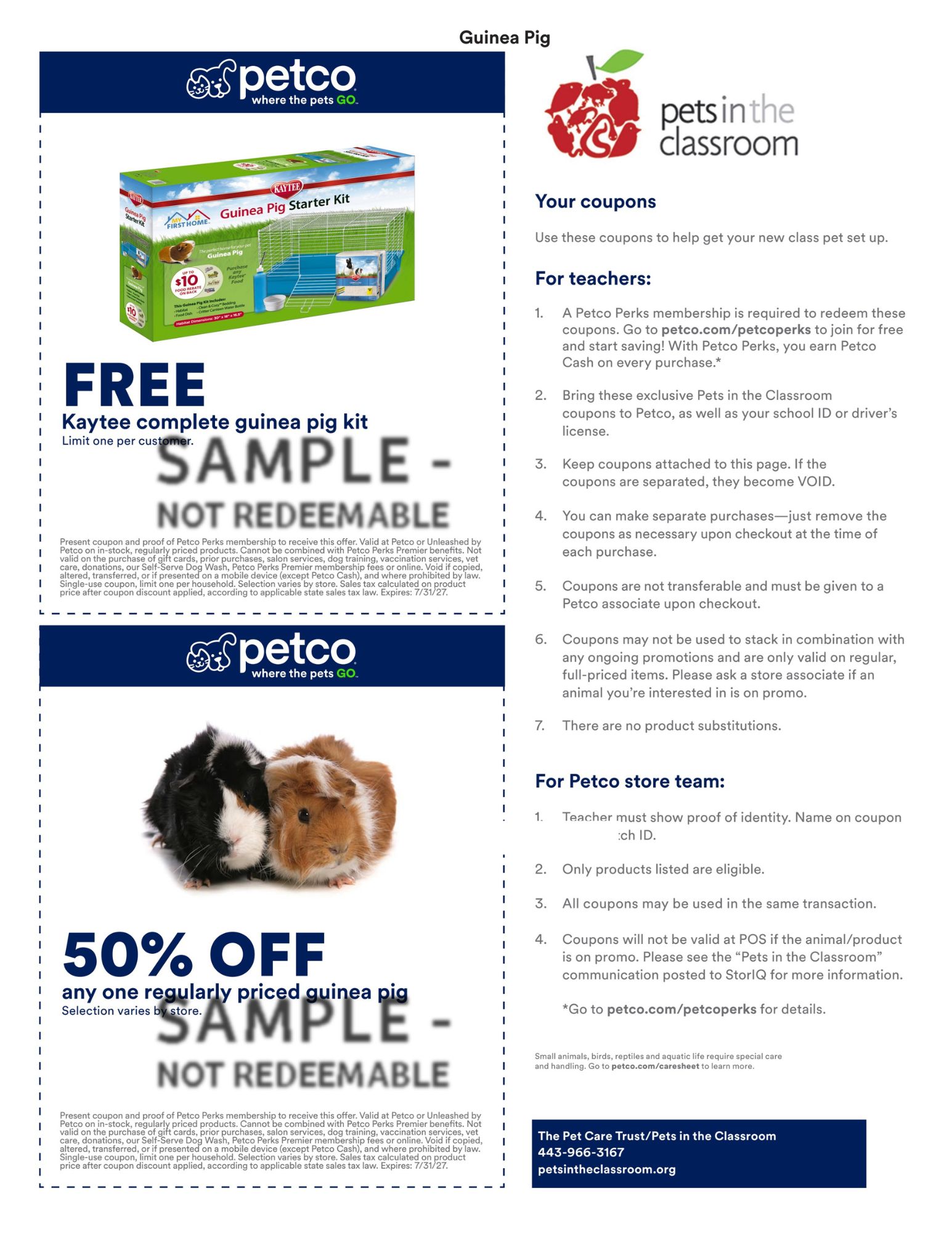 Petco Sample Coupon for Pets in the Classroom - guinea pig