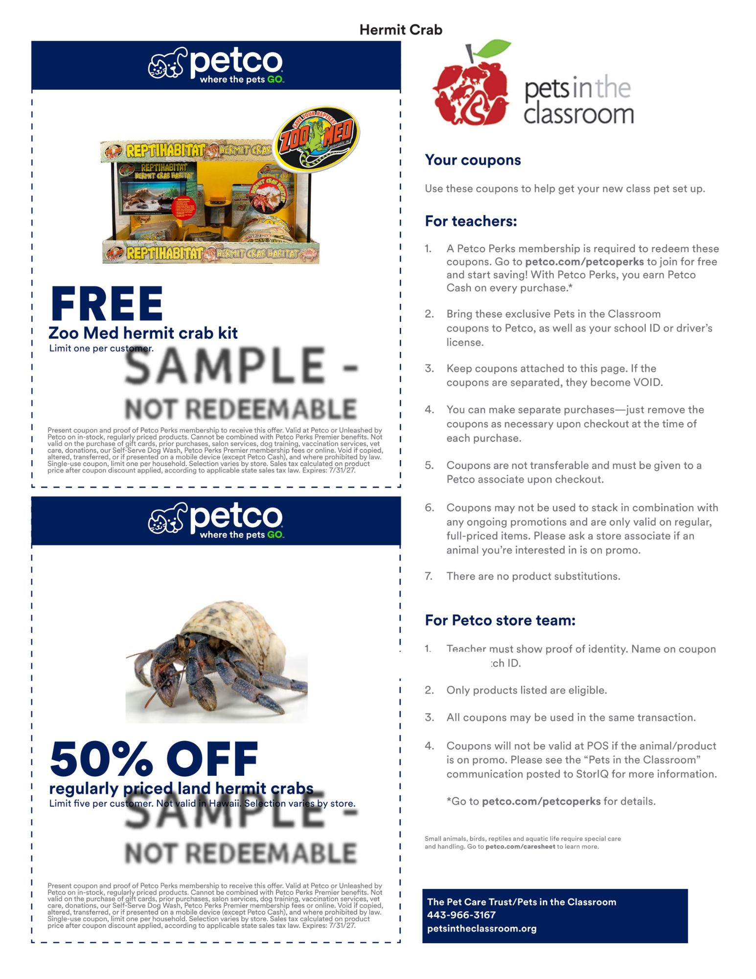 Petco Sample Coupon for Pets in the Classroom - hermit crab