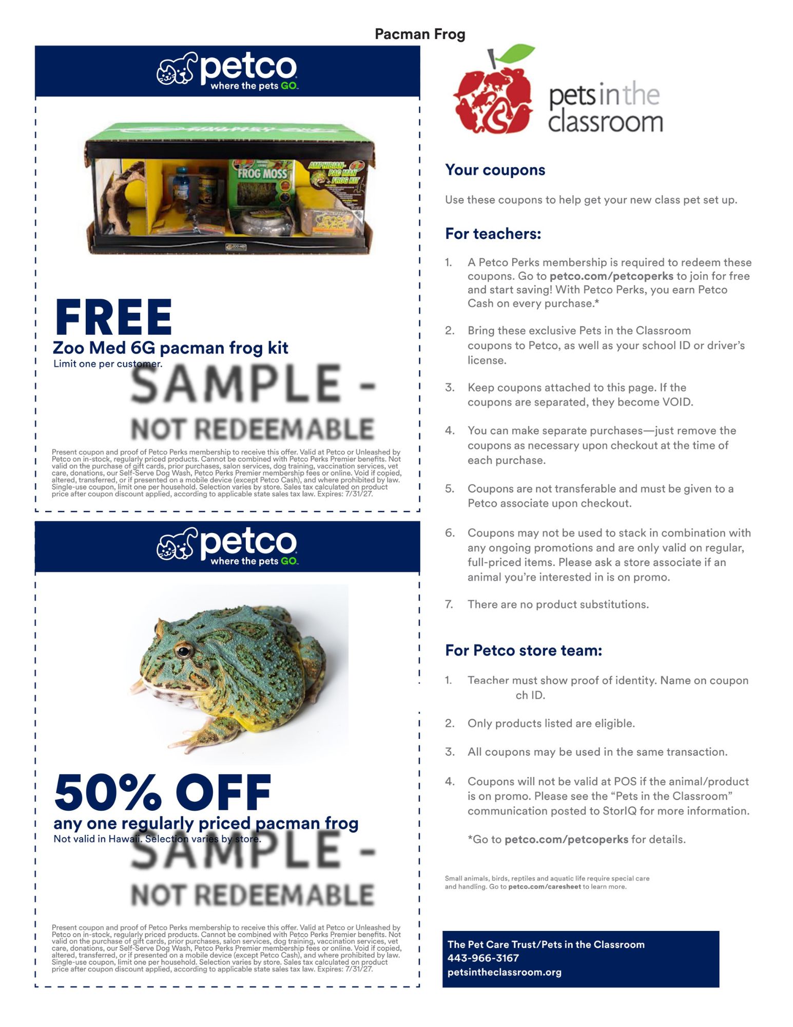 Petco Sample Coupon for Pets in the Classroom - pacman frog