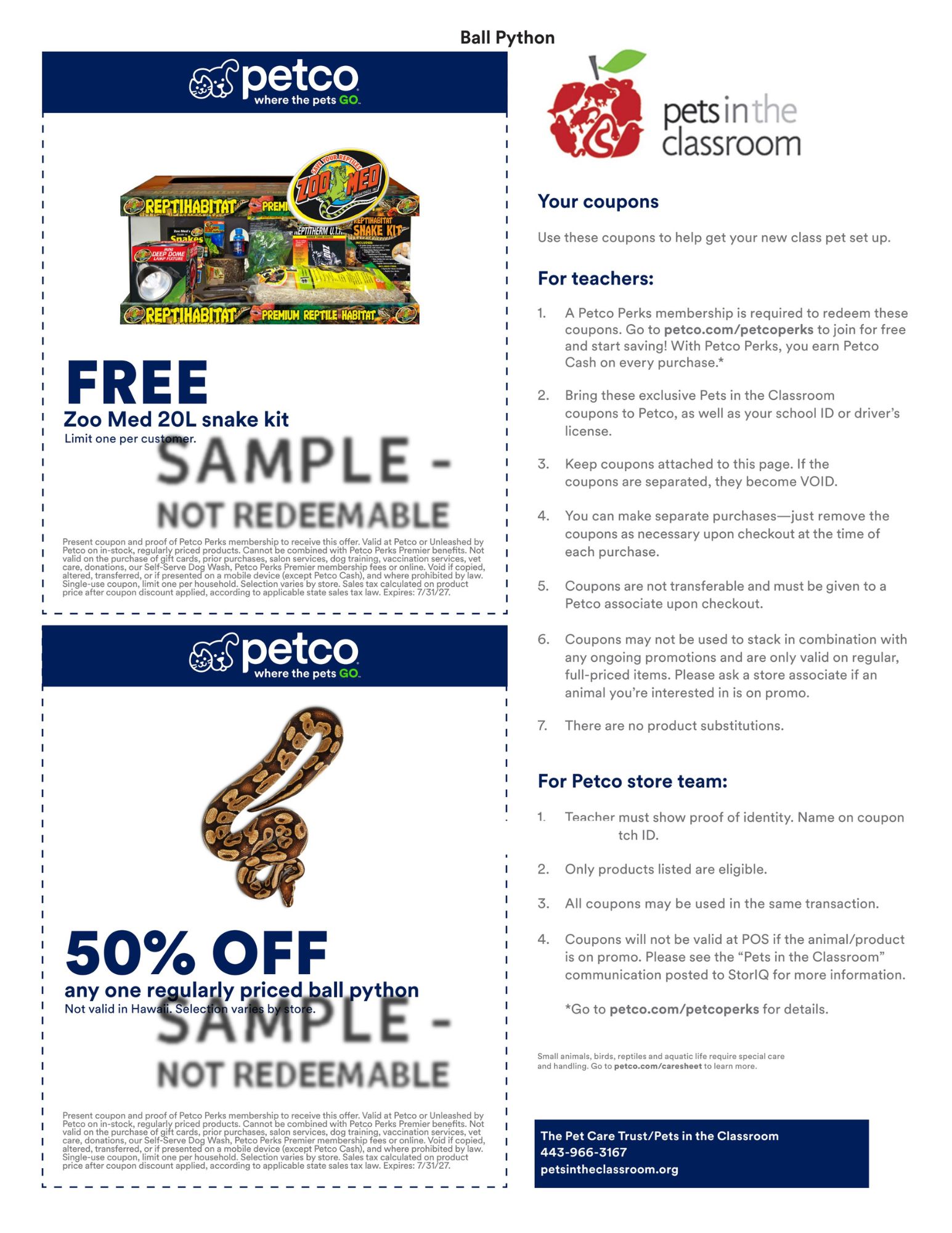 Petco Sample Coupon for Pets in the Classroom - ball python