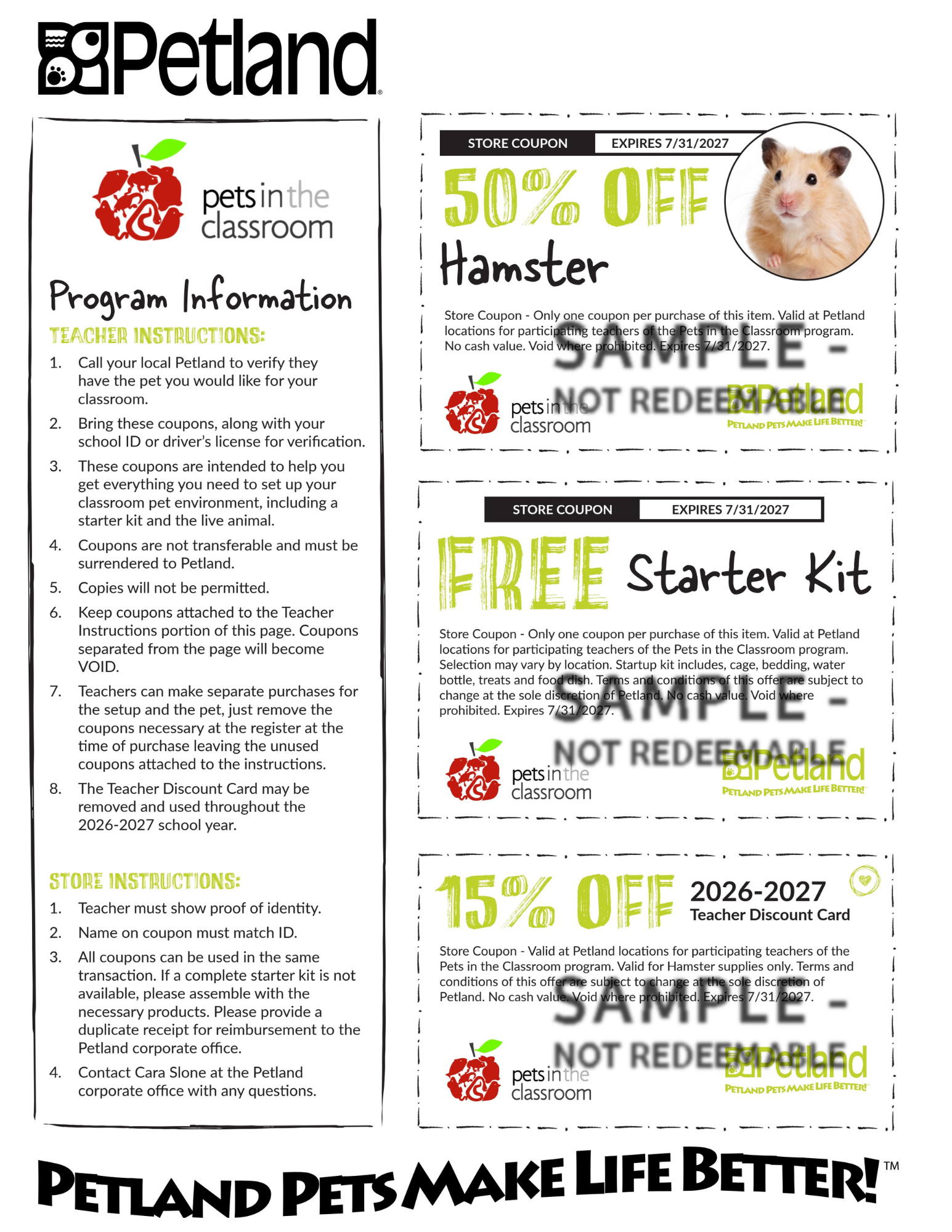 Hamster Sample Coupon - Pets in the Classroom's Petland Grant